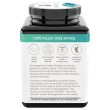 Ashwagandha supplement bottle, 1,000 mg daily serving, helps reduce stress with KSM-66 and ginger extract
