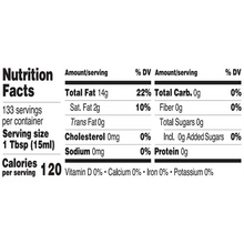 Nutrition facts label showing 1 tbsp serving size, 120 calories, 14g total fat, 0g carbs, 0g protein.