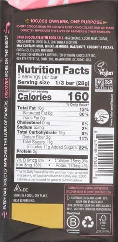 Divine Dark Chocolate with Pink Himalayan Salt, 3 oz Bar, 60% Cocoa, Fairtrade