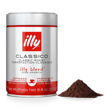 Illy Classico classic roast espresso ground coffee can with ground coffee pile, 250g