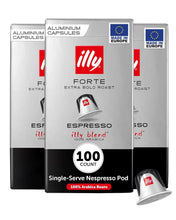 Three boxes of illy Forte Extra Bold Roast aluminium Nespresso-compatible espresso pods, 100 count, 100% Arabica.