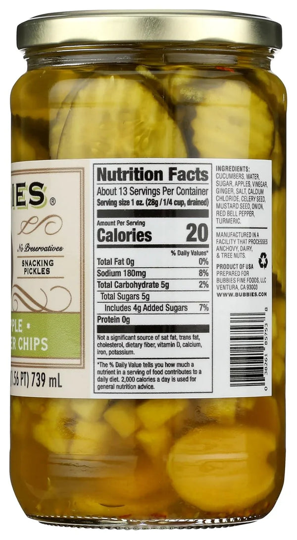 Bubbies Gingembre Pomme Pain & Beurre Tranches de Cornichons, 708 g – Tranches de Cornichons Sucrées & Acidulées au Goût de Pomme et de Gingembre