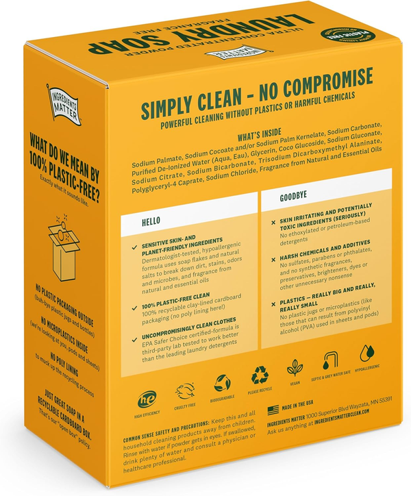 Plastic-free laundry soap powder carton with product features, eco-friendly and allergen-safe icons.