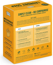 Plastic-free laundry soap powder carton with product features, eco-friendly and allergen-safe icons.