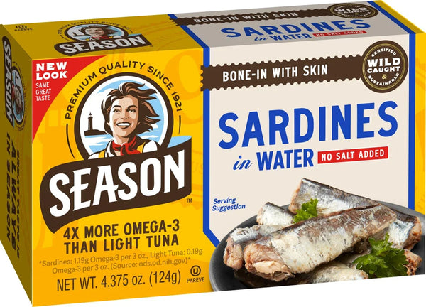 Season Sardines in Water, No Salt Added, Bone-In with Skin, Wild Caught, 4.375 oz (124g)