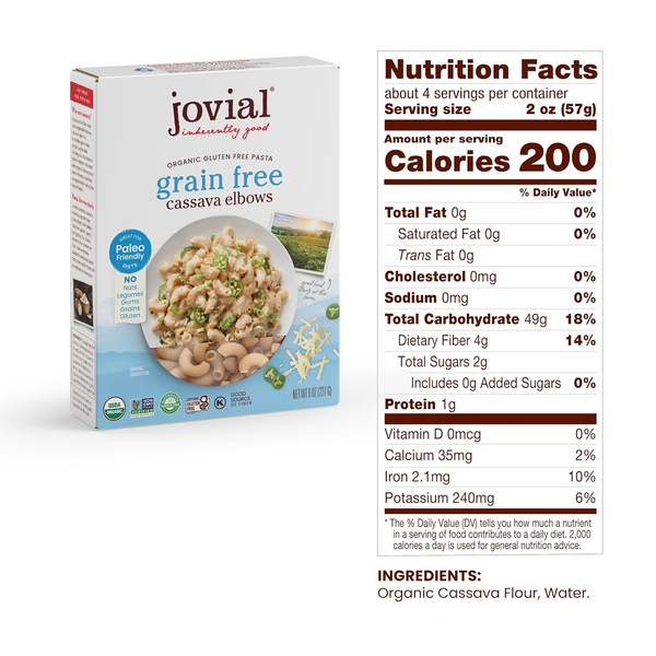 Jovial grain free cassava elbows pasta box with nutrition facts and ingredient list shown
