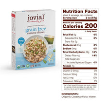 Jovial grain free cassava elbows pasta box with nutrition facts and ingredient list shown