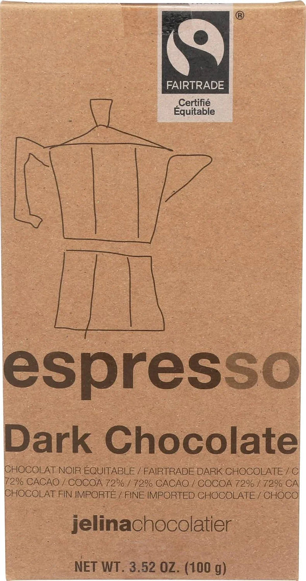 Fairtrade Espresso Dark Chocolate bar, 72% cacao, imported fine chocolate in eco-friendly packaging
