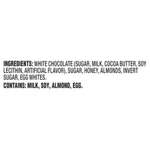 White chocolate snack ingredients list with milk, soy, almond, egg allergens noted