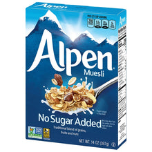 Alpen Muesli No Sugar Added cereal box with grains, nuts, and fruits on front