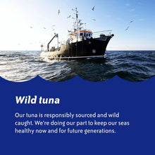Fishing boat on ocean with seagulls, promoting responsibly sourced wild tuna.