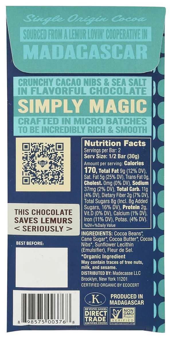 Chocolate bar packaging with nutrition facts, Madagascar single origin, crunchy cacao nibs, and organic ingredients
