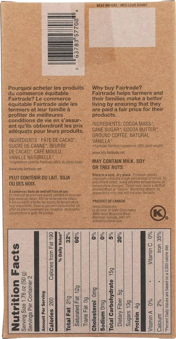 Fairtrade chocolate bar back label with nutrition facts, ingredients, and bilingual info for premium imported snacks