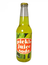 Pickle juice soda in glass bottle with green liquid and cucumber label, unique imported beverage