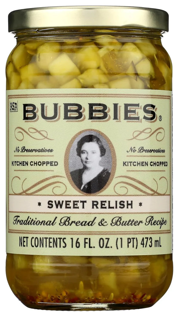 Bubbies Sweet Relish, 16 fl oz (1 PT / 473mL), Kitchen Chopped, Traditional Bread & Butter Recipe, Non-GMO, Gluten Free
