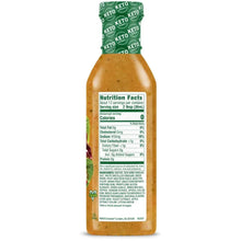 Keto-friendly salad dressing bottle with nutrition facts, vegan, 0 calories per serving