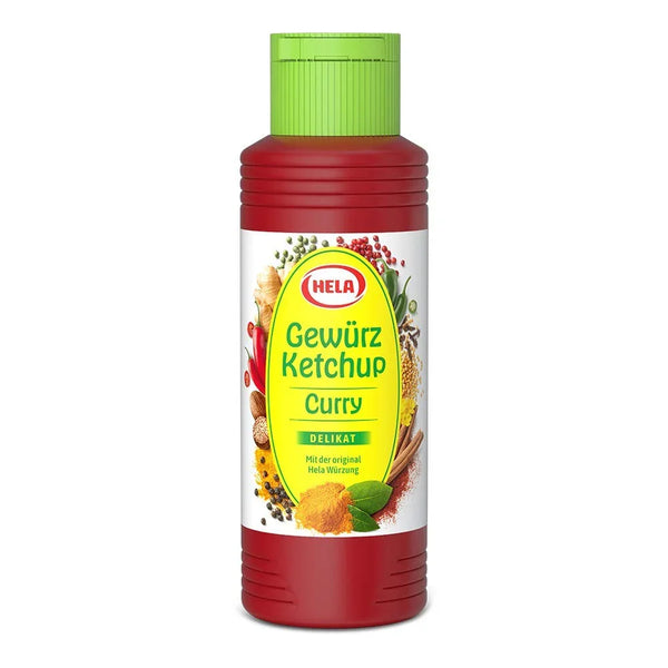 Hela Curry Spice Ketchup bottle with green cap, featuring herbs and spices on label for flavorful condiment