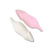 Two marshmallow candy mice, one pink and one white, on a white background