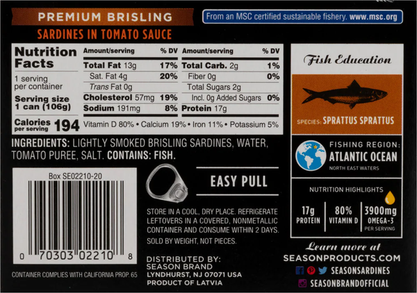 Sardines Brisling Premium de marque Season en sauce tomate – 106 g