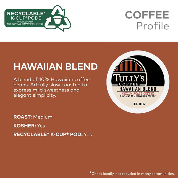 Tully's Coffee Hawaiian Blend Medium Roast K-Cup Pods, 80 CT