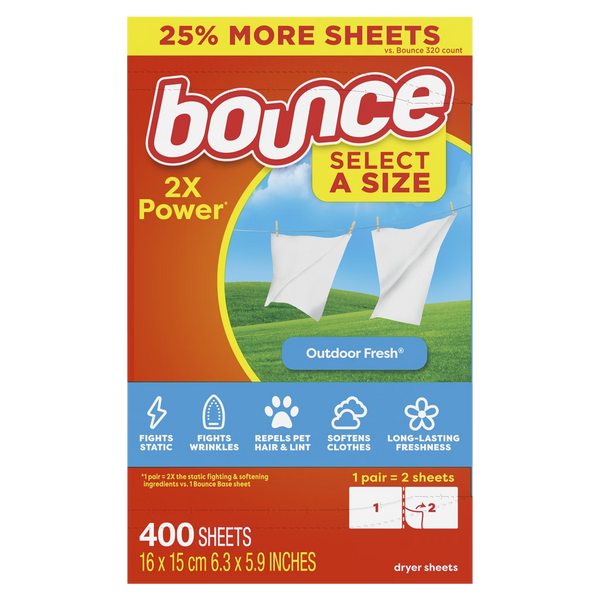 Bounce Select A Size 2X Power Dryer Sheets Outdoor Fresh 400 Sheets