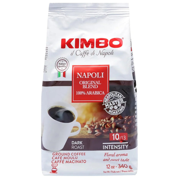 Kimbo Napoli Original Blend 100% Arabica dark roast ground coffee bag, 12 oz, Italian quality