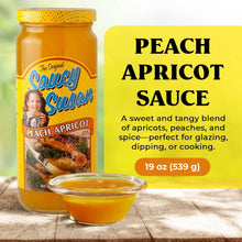 Saucy Susan Peach Apricot Sauce jar and sample bowl, sweet tangy blend for glazing, dipping, or cooking