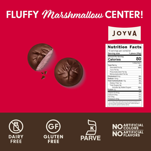 Joyva Marshmallow Puffs, Chocolate Covered, Cherry Flavor, Gluten Free, Dairy Free, Kosher, 9 oz (255g), 15 Pieces