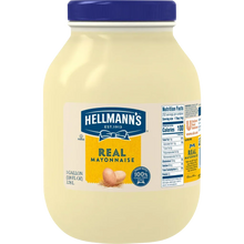 Large jar of Hellmann's Real Mayonnaise with blue lid and nutrition facts label