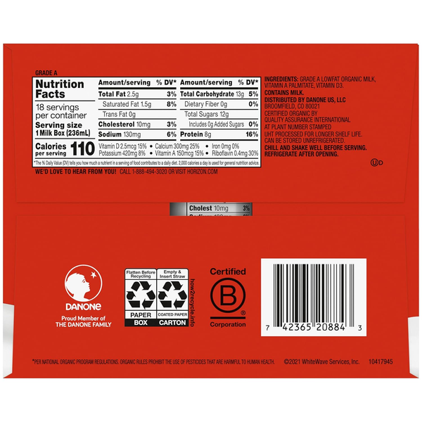 Horizon Organic Lowfat Milk Boxes, 18-Pack (18 × 8 fl oz / 144 fl oz)