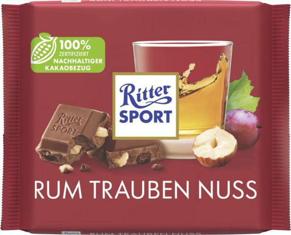 Ritter Sport Milk Chocolate with Rum Raisins & Hazelnuts, 3.52 oz (100g)