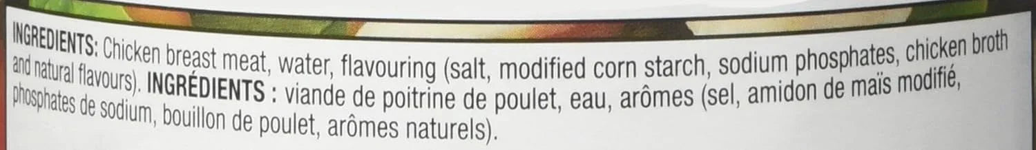 Chicken breast meat ingredients label with water, salt, modified corn starch, and natural flavors