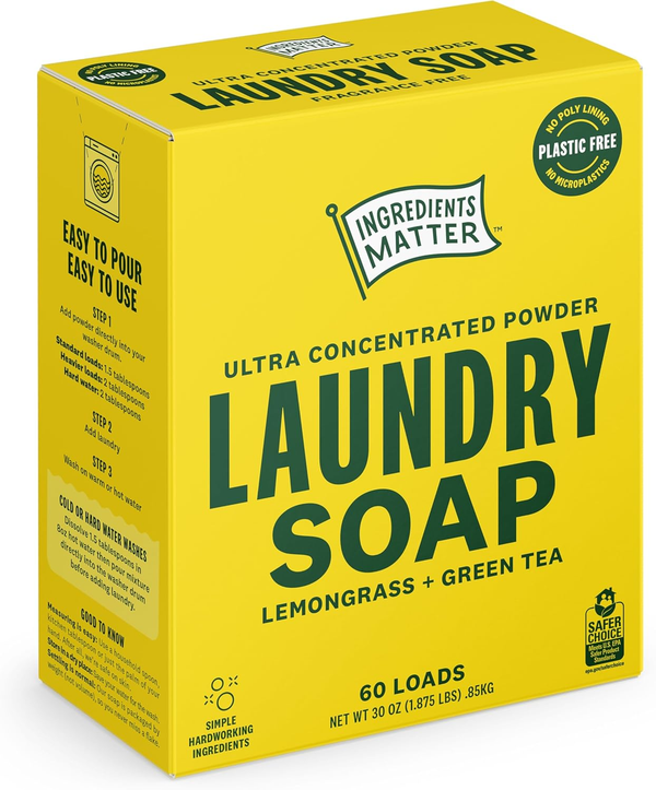 Ultra concentrated powder laundry soap box, lemongrass and green tea scent, 60 loads, yellow packaging