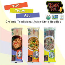 Organic Planet Asian-style noodles variety pack, featuring Lomein, Udon, and Soba noodles.
