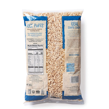 Back of organic rice puffs cereal bag showing nutrition facts and product details.