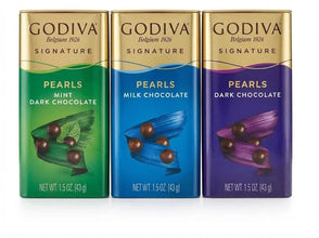 Godiva Signature Pearls: Mint Dark, Milk, and Dark Chocolate candies in elegant gold packaging