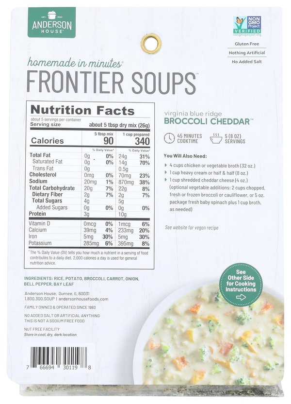 Frontier Soups Broccoli Cheddar soup mix nutrition facts, ingredients, and cooking instructions