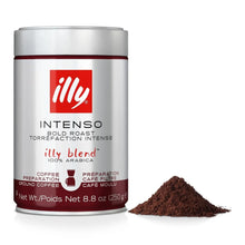 Illy Intenso bold roast ground coffee canister with pile of ground coffee, 250g