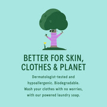 Eco-friendly laundry soap ad with tree person illustration and text about hypoallergenic, biodegradable cleaning.