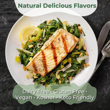 Grilled fish fillet with spinach, pine nuts, lemon, dairy free gluten free vegan keto friendly
