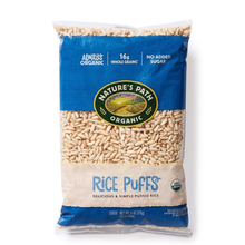 Organic rice puffs cereal in clear and blue packaging, whole grain breakfast food