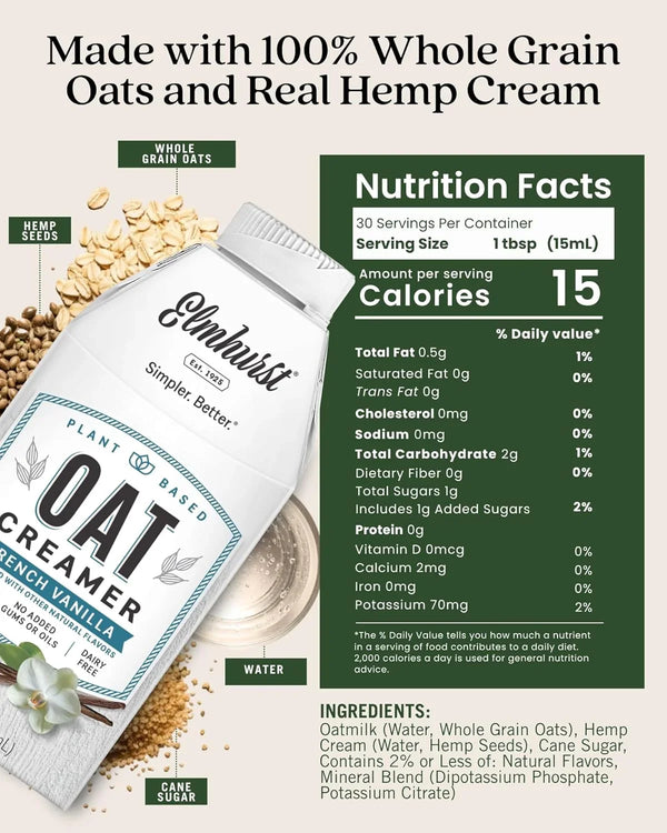 Elmhurst Oat Creamer with whole grain oats, hemp seeds, and vanilla flavor — plant-based, dairy-free, 15 calories per serving