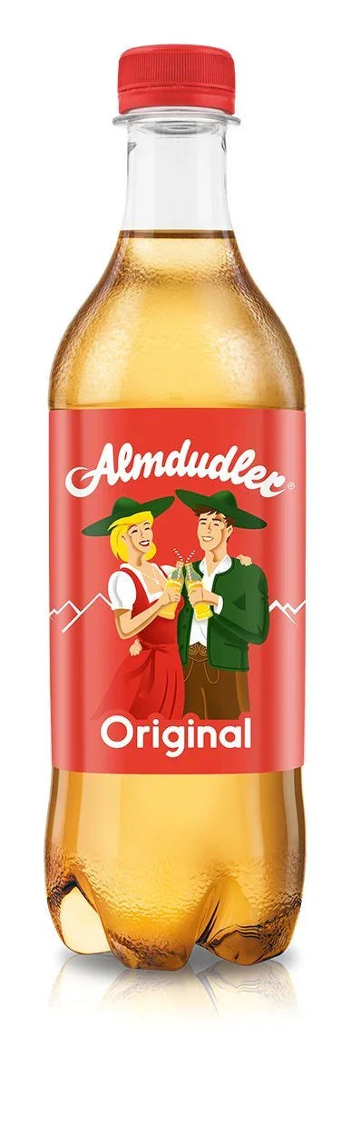 Almdudler Original Austrian herbal soda in clear bottle with red cap, featuring traditional folk couple on label