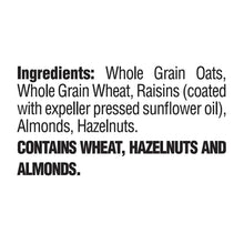 Ingredients label showing whole grain oats, wheat, raisins, almonds, hazelnuts; allergen warning for wheat, hazelnuts, almonds.