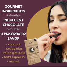 Woman savoring gourmet dark chocolate bar with 72% cacao, coconut, cocoa nibs, espresso, sea salt flavors