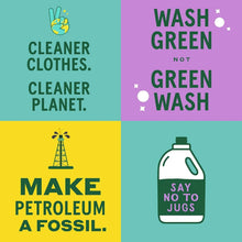 Eco-friendly laundry slogans with peace sign, oil rig, detergent jug, and text promoting green cleaning.