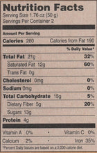 Nutrition facts label showing 260 calories, 21g fat, 15g carbs, 4g protein per 50g serving