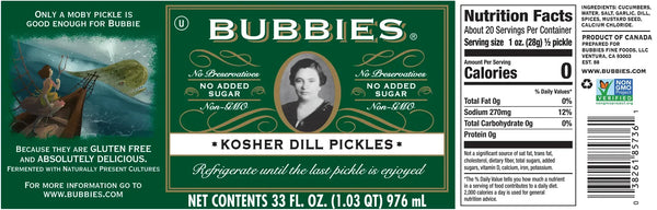 Bubbies Kosher Dill Pickles, 33 fl oz (1.03 QT / 976mL), Fermented, Non-GMO, Gluten Free