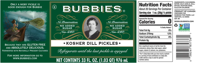 Bubbies Kosher Dill Pickles, 33 fl oz (1.03 QT / 976mL), Fermented, Non-GMO, Gluten Free