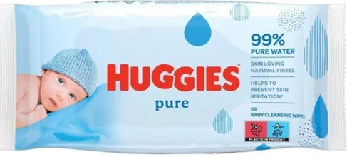 Huggies Pure baby wipes pack with blue accents, baby photo, 99% pure water, 56 wipes